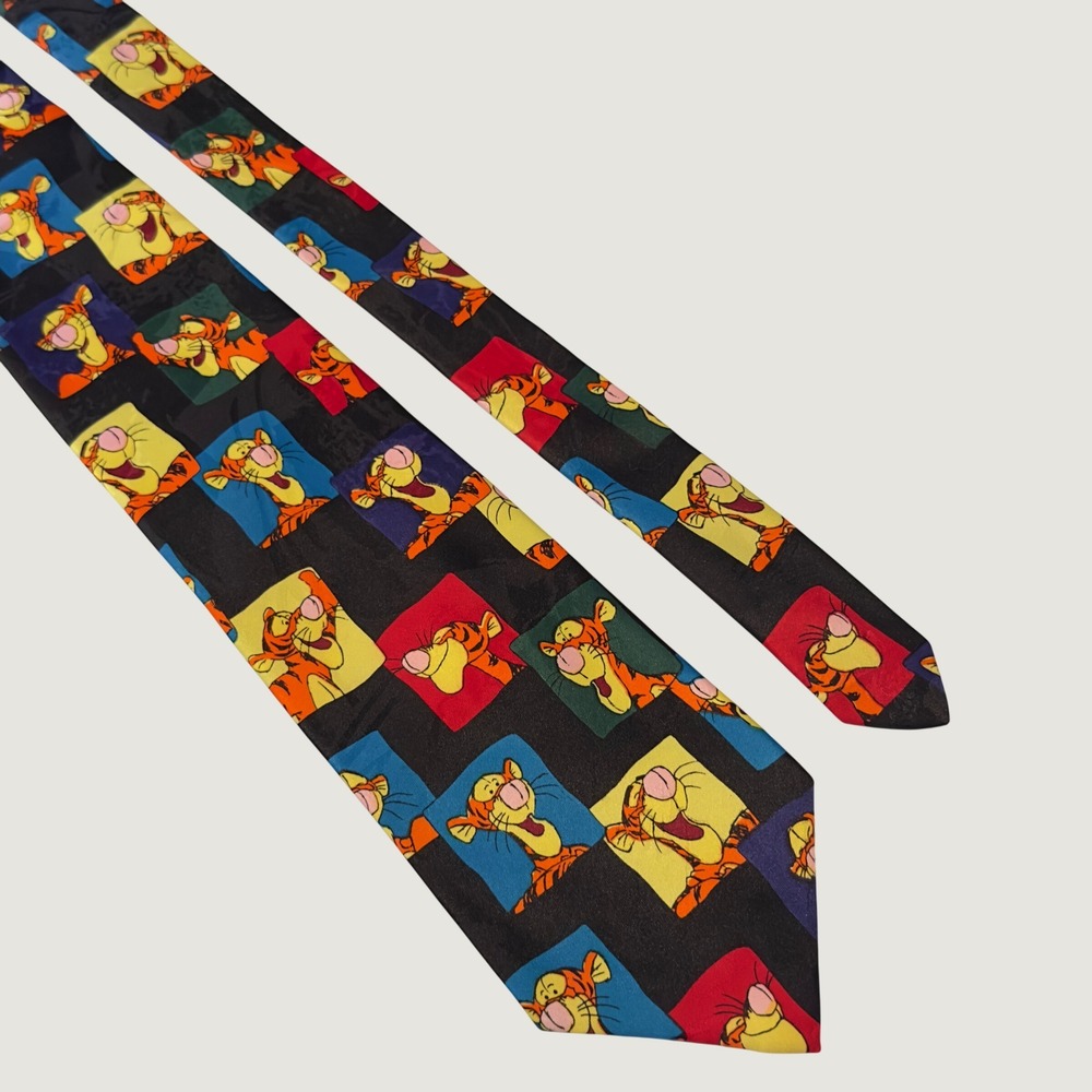 Disney Pooh Tigger Character Tie Multi Color Grid Pattern Vintage Maximalist